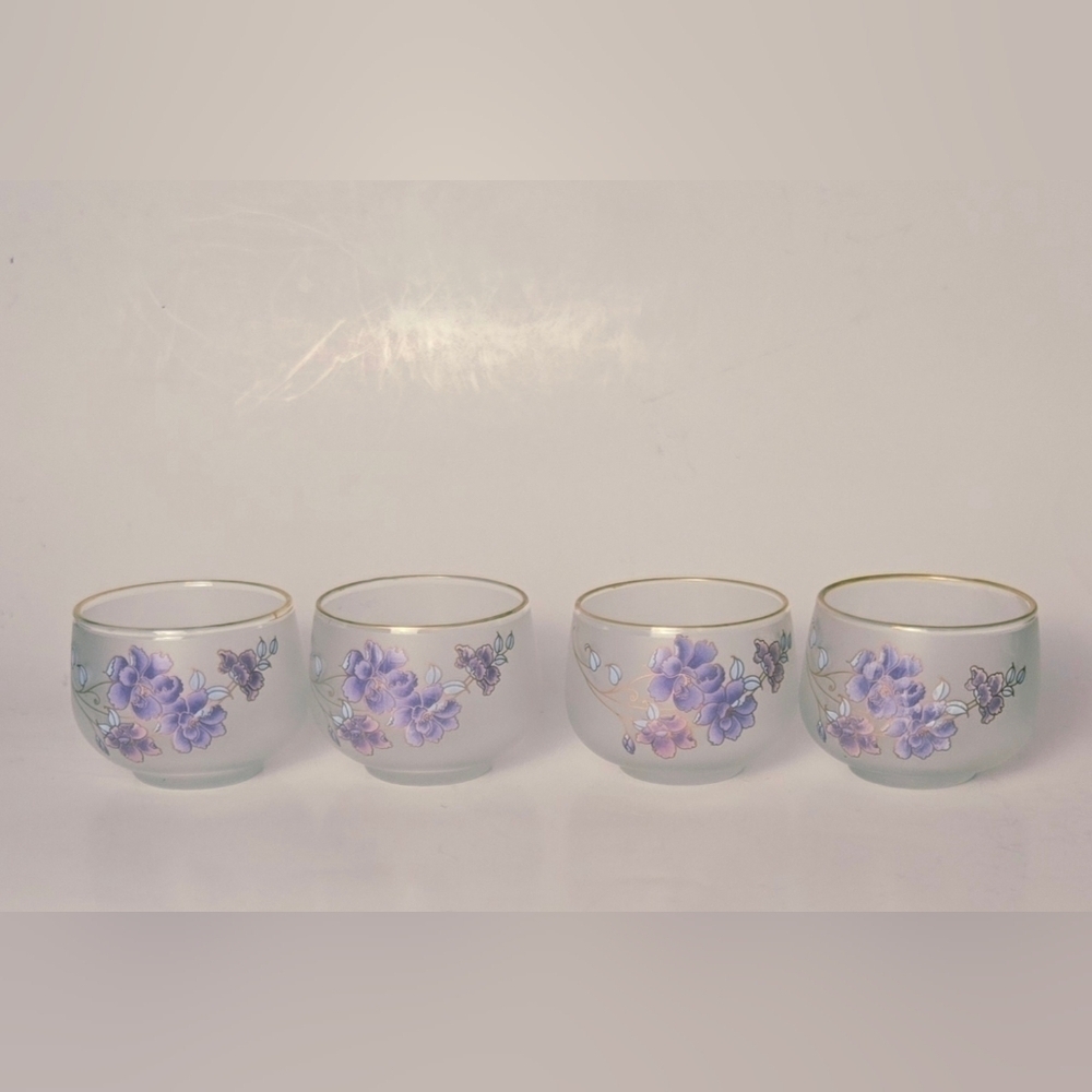 Vintage Frosted Floral Glasses Gold Rim Purple Flowers Set of 4 - Picture 5 of 8